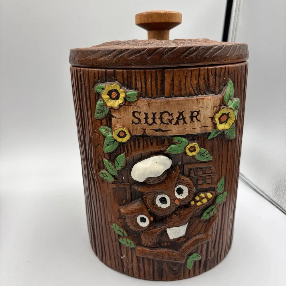 Vtg 1970's Woodsy Owl  Stump Canisters Treasure Craft USA Set of 3‎ MCM Rare HTF